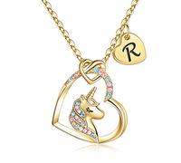 Collier Licorne Plaqué Or 14 Carats Pendentif Coeur CZ Cadeau Anniversaire Filles et Femmes avec Initial