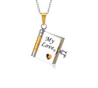 Collier Livre pour Femme Personnalisé Plaqué Or Pendentif Livre Collier Acier Inoxydable Chaîne Réglable Colliers Bijoux avec Gravé Fantaisie Idée Colliers Cadeau pour Femmes Fille (Or Argent Love)