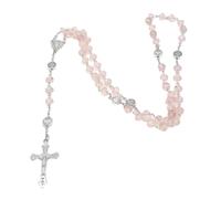 Collier long en perles plates taillées en cristal rose avec pendentif Vierge Marie et croix pour les croyants catholiques