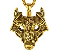 Collier Loup Fenrir Doré Acier Inoxydable,Pendentif Viking Tete de Loup Gravé Celtique avec Chaîne Ajustable 55+5cm,Bijoux Protection Nordique pour Hommes,Garçons,Femmes