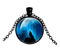 Collier loup hurlant totem animal sauvage en verre avec chaîne et pendentif lune, nan