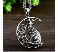 COLLIER LOUP SUR LUNE, COLLIER LOUP HURLANT, FIGURINE LOUP, STATUETTE LOUP, ARGENT, COLLIER VIKING