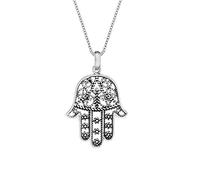 Collier Main de Hamsa en Filigrane en Argent 925 pour Femme - Pendentif Main de Fatima en Argent Sterling sur chaîne gourmette de 45,7 cm - Amulette de Protection avec ajourés ornés - Bijoux