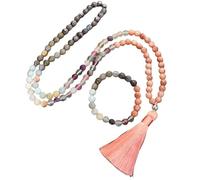 Collier Mala 108 Perles Nouées Pour Femmes Et Filles, Bracelet En Perles De Cristaux De Guérison Naturels, Long Collier Avec Breloque Pompon En Forme De Lotus, Bijoux En Pierres Précieuses, Cadea