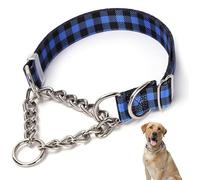 Collier martingale en acier inoxydable pour chiens, anti-traction et anti-fugue - Collier de dressage très résistant pour chiens mâles et mâles de petite, moyenne et grande taille, motif écossais bleu
