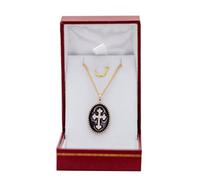 collier médaille ovale emaillée noire et croix en brillants en plaqué Or et sa chaine 45cm et avec coffret femme
