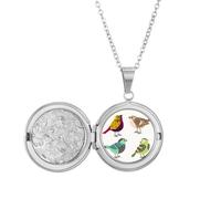 Collier médaillon avec illustration d'oiseaux colorés pour tenir une photo, bijoux, cadeau d'anniversaire