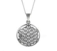 Collier médaillon Fleur de Vie en Argent Sterling pour Femme - Pendentif Disque Rond en Filigrane en Argent 925 sur chaîne gourmette de 45,7 cm - Bijoux à géométrie sacrée - Ajouré orné