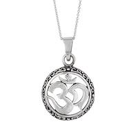 Collier médaillon Om Aum en Argent 925 pour Hommes et Femmes - Grand Pendentif Rond Ohm en Argent Sterling sur chaîne gourmette de 45,7 cm - Collier avec Symboles sacrés sanscrits hindous - Cadeau