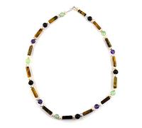 Collier monté sur Câble, avec Tubes en Oeil de tigre, Perles Rondes de 6mm en Pierre de lave naturelle, Améthyste et Aventurine verte, et Perles d'Eau douce Roses. Fermoir en Argent 925 (40)