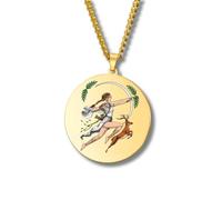 Collier Mythologie Grecque - Médaillon rond gravé couleur acier inoxydable • Dieux & Déesses (Apollon, Artémis, Poséidon, Arès, Zeus…) • Bijou talisman unisexe finitions or/argent (Artémis • Or)