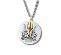Collier Mythologie Grecque - Médaillon rond gravé couleur acier inoxydable • Dieux & Déesses (Apollon, Artémis, Poséidon, Arès, Zeus…) • Bijou talisman unisexe finitions or/argent (Trident • Argent)