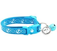 Collier nautique tropical pour chat avec breloque et clochette | Échappée de sécurité | Collier réglable de grande taille ou pour chaton (ancres infinies sur bleu, grand chat (4,5 kg et plus))