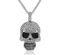 Collier original, pendentif tête de mort en acier titane et zircon massif, style hip-hop punk.