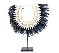 Collier Papou en plumes noires et coquillages blancs Noir & Blanc