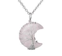 Collier Pendentif Arbre De Vie Enroulé En Fil De Fer Reiki Croissant De Lune Énergie Cristal Bijoux Spirituels Fait Main Pierres Précieuses Naturelles Pour Femmes Quartz Rose Chaîne En Argent