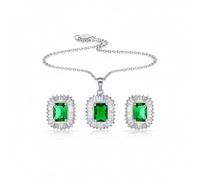 Collier Pendentif Art Déco Vert CZ Émeraude Taillée Simulée Et Ensemble De Bijoux Boucles D'Oreilles Clous Halo Baguette Assorties Pour Femmes Plaqué Argent