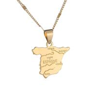 Collier Pendentif Carte D'Espagne - Bijoux De Charme Carte De Pays Espagnol, Chaînes De Pull De Style Ethnique Hip-Hop, Souvenirs De Voyage Cadeaux De Couple Unisexe,Jaune,50Cm