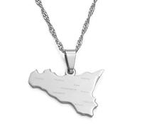Collier Pendentif Carte Italie - Sicile Nom De La Ville Pays Contour Bijoux Hip-Hop, Charme De Mode De Polissage Chaîne Ethnique, Cadeaux Patriotiques Pour Femmes/Filles/Hommes Unisexe, Argent,