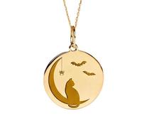 Collier pendentif chat lune en argent sterling 925 doré | LK_NLC_01978 | 22mm round nature landscape medallion charm, gold plated adventure jewelry with 18 inch cable chain gift