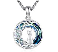 Collier Pendentif Chat,Pendentif Chat Lune en Argent Sterling 925 avec cristal bleu et Collier de Bijoux Femme, Cadeaux pour Amateurs de Chat Femmes Filles
