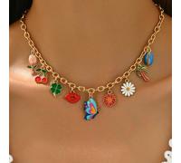Collier pendentif combiné multi-éléments d'été 1 pièce, chaîne en or avec des motifs mignons de papillon, de fleur, de trèfle à quatre feuilles, de cerise, de coquillage, collier à la mode pour femme,