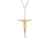 Collier Pendentif Croix Crucifix Jésus Traditionnel De Taille Moyenne En Argent Sterling Plaqué Or Bicolore, Bijou Religieux Chrétien Catholique Unisexe Pour Femmes, Hommes Et Adolescents