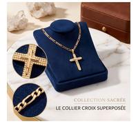 Collier - Pendentif - Croix - Sacrée - Superposée - Plaqué Or Jaune 750/1000 - 55 cm - Homme