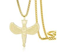 Collier pendentif déesse égyptienne Isis en acier inoxydable - Amulette ailée d'Isis - Bijou de l'Égypte antique - Collier talisman de protection pour femmes et hommes (Chaîne maille forçat dorée)