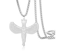 Collier pendentif déesse égyptienne Isis en acier inoxydable - Amulette ailée d'Isis - Bijou de l'Égypte antique - Collier talisman de protection pour femmes et hommes (Chaîne maille forçat argentée)
