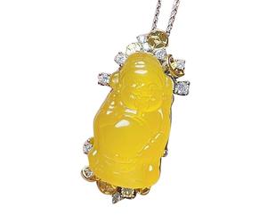 Collier Pendentif Dieu de la Fortune en Argent S925 avec calcédoine Jaune Naturelle (avec chaîne)
