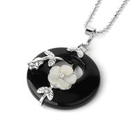 Collier Pendentif Donut en Cristal Naturel pour Femmes et Hommes|Breloque en Pierre Précieuse Enveloppée de Fleur de Jade Avec Chaîne en Argent,Amulette Chork,Bijoux Cadeaux pour Filles,Onyx Noir