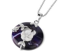 Collier Pendentif Donut en Cristal Naturel pour Femmes et Hommes|Breloque en Pierre Précieuse Enveloppée de Fleur de Jade Avec Chaîne en Argent,Amulette Chork,Bijoux Cadeaux pour Filles,Veines Vio