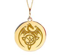Collier pendentif dragon en argent sterling 925 plaqué or | LK_NLC_02164 | gold plated scenic round medallion with 18 inch cable chain 28mm mountain ocean forest adventure jewelry