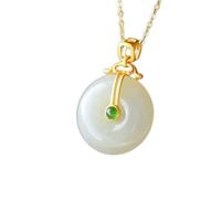 Collier pendentif en jade naturel découpant une amulette porte-bonheur, collier en jade blanc Hetian en argent avec pendentif boucle paisible style palais chinois vintage for femme (couleur: ambre, lo