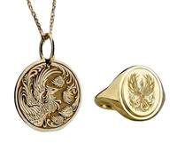Collier pendentif et bague chevalière Phénix mythique | LK_PCOM_0536 | Pendentif en argent sterling 925, 24 mm, plaqué or, avec breloque oiseau. Ensemble de bijoux symboliques.