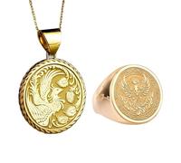 Collier pendentif et bague chevalière Phénix (Oiseau de feu) | LK_PCOM_0189 | Pendentif en argent sterling 925, 24 mm, plaqué or, avec breloque oiseau. Ensemble de bijoux symboliques.
