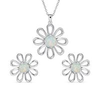 Collier pendentif et boucles d'oreilles en opale blanche créée en forme de marguerite arc-en-ciel pour femmes. Argent sterling .925 Pierre de naissance d'octobre