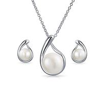 Collier pendentif goutte d'eau en perles de culture d'eau douce blanches simples pour mariage, ensemble de bijoux de mariée avec boucles d'oreilles clous pour femmes en argent sterling .925