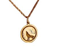 Collier pendentif loup hurlant en argent sterling 925 doré | LK_NLC_01199 | Collier pendentif rond plaqué or silhouette de forêt 24 mm avec chaîne câble de 45 cm bijou nature et faune sauvage cadeau