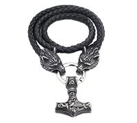 Collier Pendentif Marteau de Thor Tête de Loup Viking - Chaîne en Cuir Tressé Mjolnir en Acier Inoxydable Vintage Nordique - Bijoux Amulette de Loup Celtique pour Hommes Nordiques