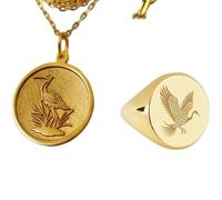 Collier pendentif oiseau mystique et bague chevalière | LK_PCOM_0173 | Pendentif en argent sterling 925, 24 mm, plaqué or, représentant un oiseau majestueux. Ensemble de bijoux symboliques.