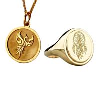Collier pendentif Phénix et attrape-rêves et bague chevalière|LK_PCOM_0379 | Pendentif en argent sterling 925, 24 mm, plaqué or, avec breloque oiseau. Ensemble de bijoux symboliques.