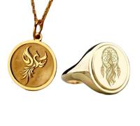 Collier pendentif Phénix et attrape-rêves et bague chevalière|LK_PCOM_0380 | Pendentif en argent sterling 925, 24 mm, plaqué or, avec breloque oiseau. Ensemble de bijoux symboliques.