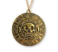 Collier Pendentif Pirate avec Tête de Mort - Caraibéen - Couleur Or - Diamètre 3,5 cm Chaîne 55 cm en métal