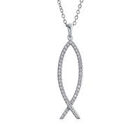 Collier Pendentif Poisson Ichthys Jésus en Zircon Cubique CZ Religieux pour Femmes et Adolescents en Argent Sterling .925