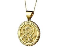 Collier pendentif représentant l'icône de Jésus-Christ |LK_NLC_00326 | Médaille religieuse chrétienne ronde de 22 mm plaquée or chaîne câble de 45 cm (18 pouces) bijou inspiré par la foi