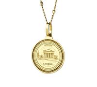 Collier pendentif rond de 28 mm en argent sterling 925 gravé, représentant Skopje, Macédoine du Nord. Breloque plaquée or pour homme et femme, avec câble de 45 cm. Bijou fait main |LK_ENGP_0277