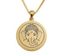 Collier pendentif rond en argent sterling 925 plaqué or, orné d'une gravure représentant le dieu Ganesh. Chaîne maille câble de 45 cm (18 pouces). Bijou fait main pour homme et femme | LKD_EGP_00678