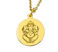 Collier pendentif rond en argent sterling 925 plaqué or, orné d'une gravure représentant le dieu Ganesh. Chaîne maille câble de 45 cm (18 pouces). Bijou fait main pour homme et femme | LKD_EGP_00082